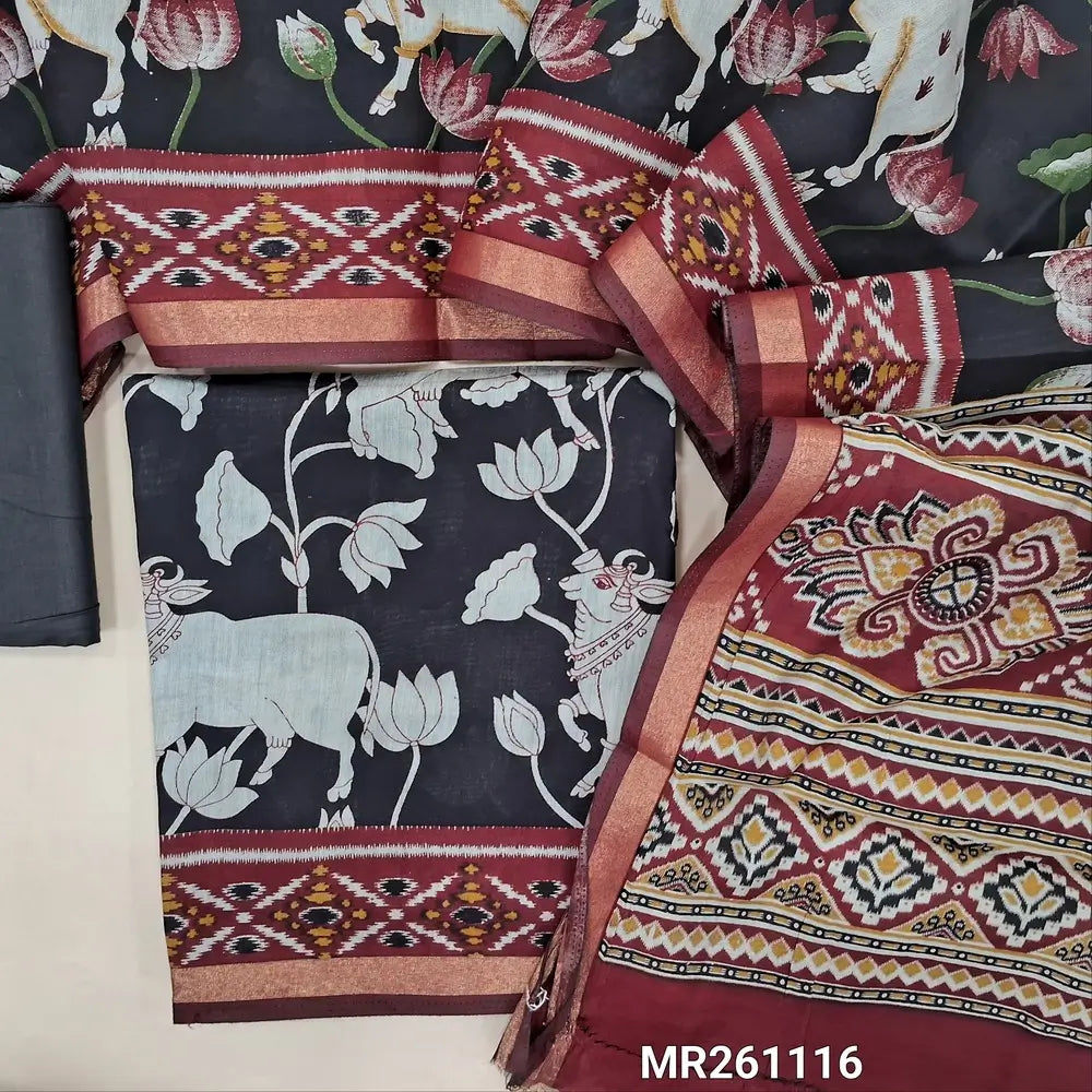 Black pichwai printed soft fancy silk cotton unstitched salwar material, printed all over (Lining Needed)cotton bottom,printed full length premium silk cotton dupatta with contrast pallu. (REQUIRES TAPINGS) MR261116