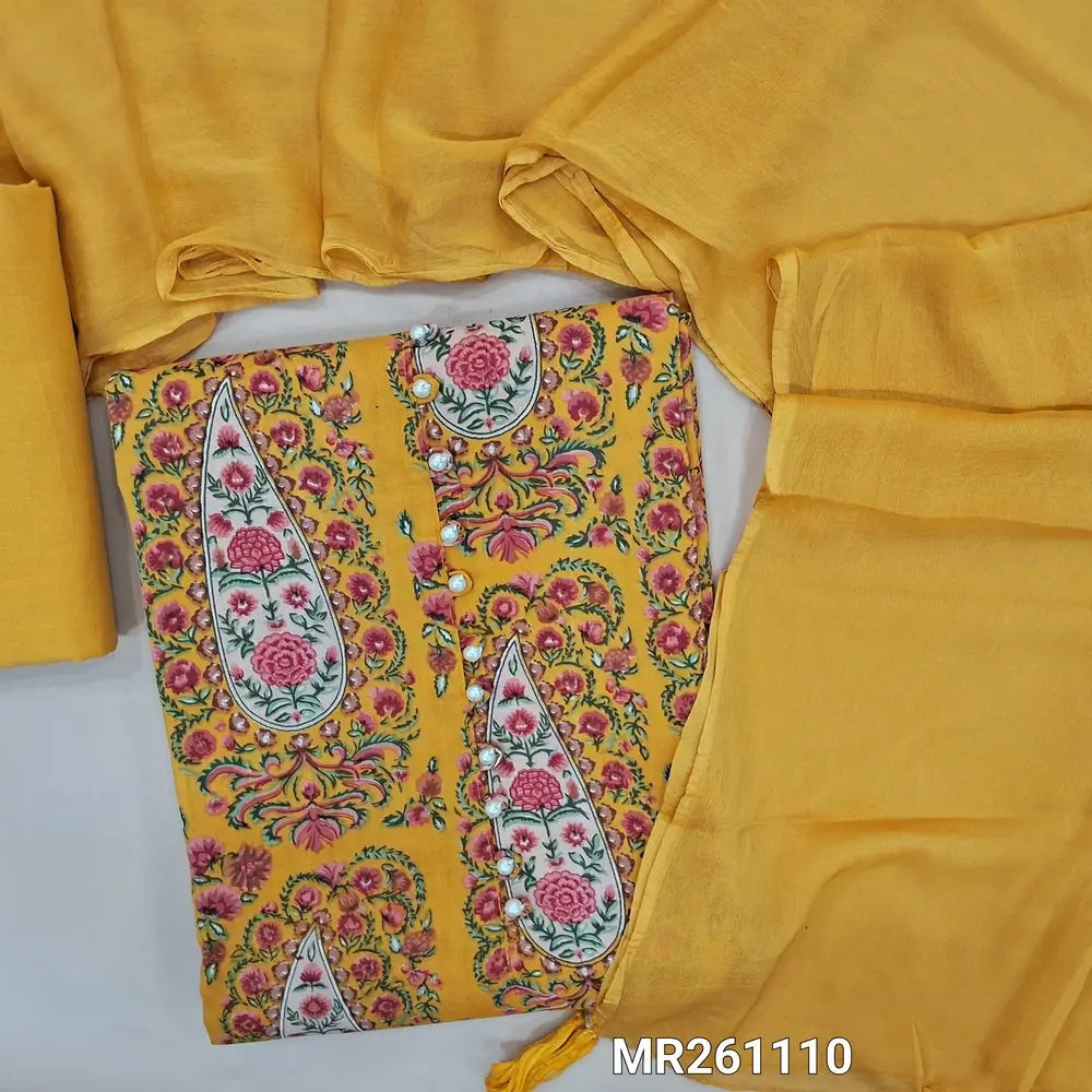 Pastel yellow printed pure soft cotton unstitched salwar material,pearl bead on yoke(lining optional)cotton bottom, plain chiffon dupatta. MR261110
