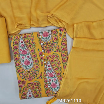 Pastel yellow printed pure soft cotton unstitched salwar material,pearl bead on yoke(lining optional)cotton bottom, plain chiffon dupatta. MR261110