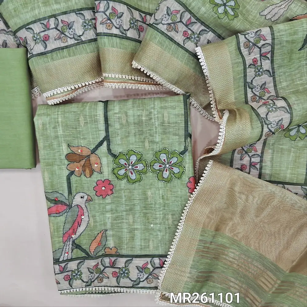 Sage green digital printed premium linen unstitched salwar material,bead work on yoke, zardozi and peal bead on front ( textured,lining needed)matching cotton botton, digital printed linen dupatta with gold tissue borders .MR261101