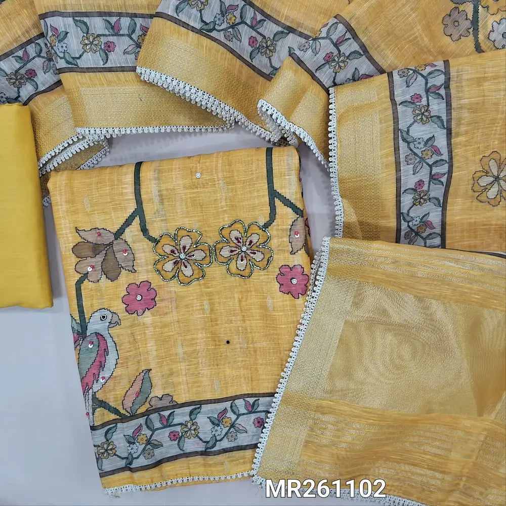 Sandal yellow digital printed premium linen unstitched salwar material,bead work on yoke, zardozi and peal bead on front ( textured,lining needed)matching cotton botton, digital printed linen dupatta with gold tissue borders .MR261102