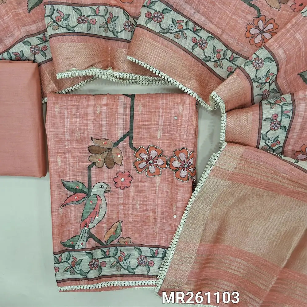 Onion pink digital printed premium linen unstitched salwar material,bead work on yoke, zardozi and peal bead on front ( textured,lining needed)matching cotton botton, digital printed linen dupatta with gold tissue borders .MR261103