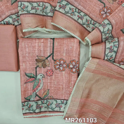 Onion pink digital printed premium linen unstitched salwar material,bead work on yoke, zardozi and peal bead on front ( textured,lining needed)matching cotton botton, digital printed linen dupatta with gold tissue borders .MR261103