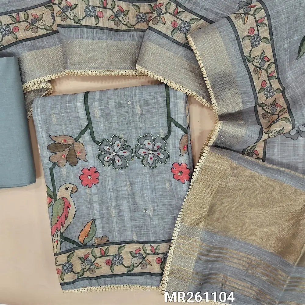 Light grey digital printed premium linen unstitched salwar material,bead work on yoke, zardozi and peal bead on front ( textured,lining needed)matching cotton botton, digital printed linen dupatta with gold tissue borders .MR261104