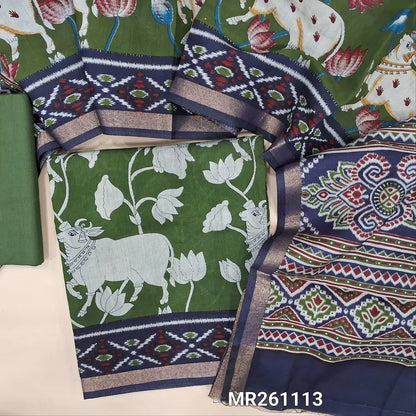Leafy green pichwai printed soft fancy silk cotton unstitched salwar material, printed all over (Lining Needed)cotton bottom,printed full length premium silk cotton dupatta with contrast pallu. (REQUIRES TAPINGS) MR261113
