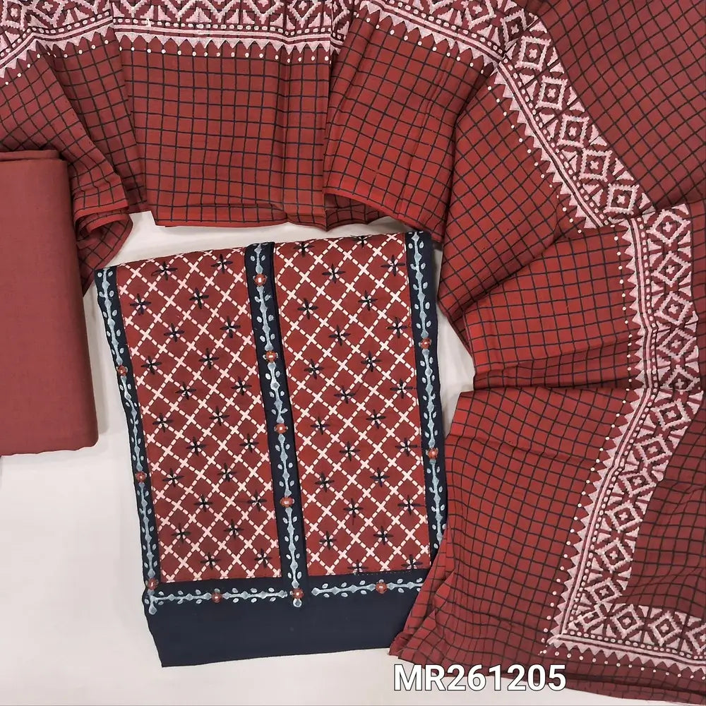 Black premium slub cotton unstitched salwar material,contrast printed yoke with real mirrior and thread detailing(lining optional)maroon cotton bottom,checked and block printed cotton dupatta. MR261205