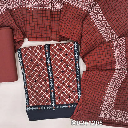 Black premium slub cotton unstitched salwar material,contrast printed yoke with real mirrior and thread detailing(lining optional)maroon cotton bottom,checked and block printed cotton dupatta. MR261205