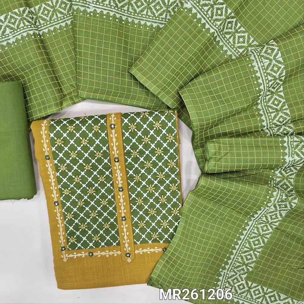 Mehandhi yellow premium slub cotton unstitched salwar material,contrast printed yoke with real mirrior and thread detailing(lining optional)light green  cotton bottom,checked and block printed cotton dupatta. MR261206