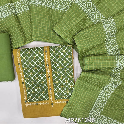 Mehandhi yellow premium slub cotton unstitched salwar material,contrast printed yoke with real mirrior and thread detailing(lining optional)light green  cotton bottom,checked and block printed cotton dupatta. MR261206
