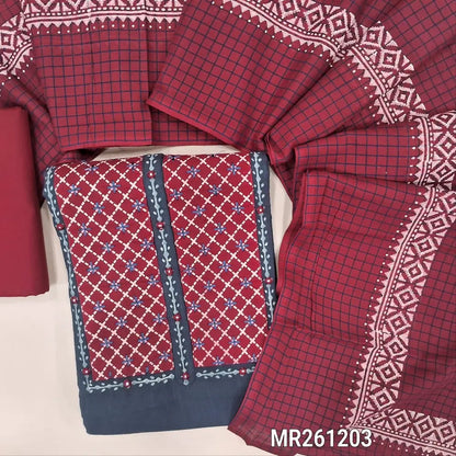 Dark blue premium slub cotton unstitched salwar material,contrast printed yoke with real mirrior and thread detailing(lining optional)maroon cotton bottom,checked and block printed cotton dupatta. MR261203