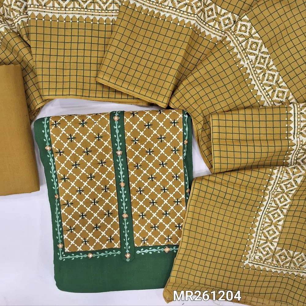 Leafy green premium slub cotton unstitched salwar material,contrast printed yoke with real mirrior and thread detailing(lining optional)mehandhi yellow cotton bottom,checked and block printed cotton dupatta. MR261204