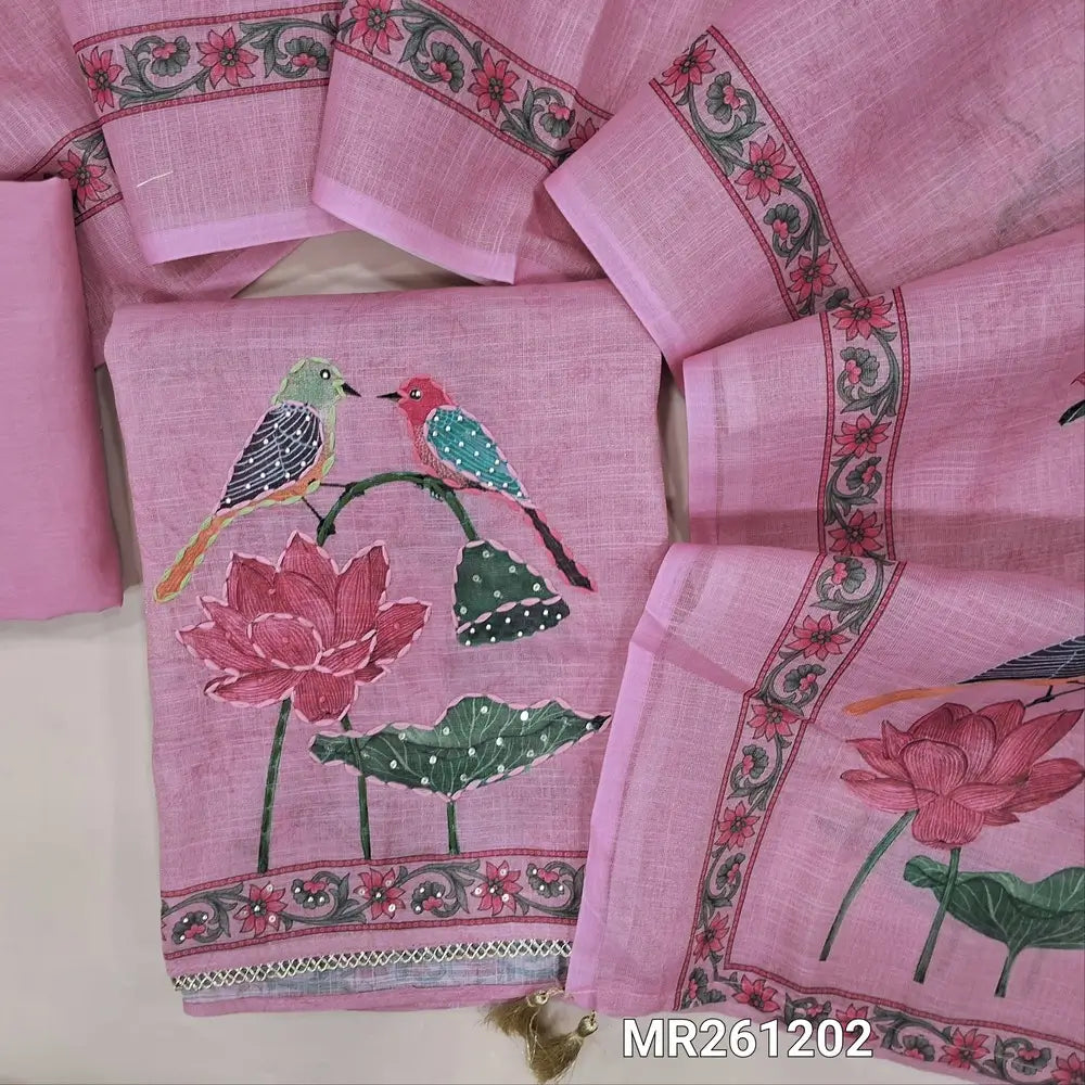 Pastel pink silver tint digital printed tissue linen unstitched salwar material (lining needed)embroidery on yoke, sobar printed all over,hand emboridery on daman,matching cotton lining provided NO BOTTOM, digital printed tissue linen dupatta. MR261202