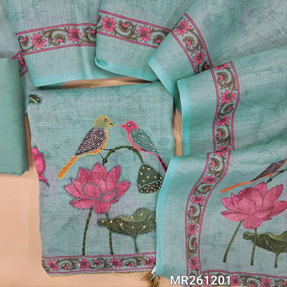 Pastel blue silver tint digital printed tissue linen unstitched salwar material (lining needed)embroidery on yoke, sobar printed all over,hand emboridery on daman,matching cotton lining provided NO BOTTOM, digital printed tissue linen dupatta. MR261201