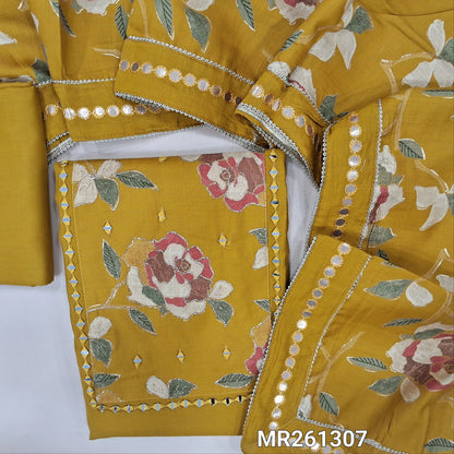 Mehandhi yellow silk cotton unstitched salwar material, floral design yoke with zari and real mirror work (lining needed)spun cotton bottom,floral printed soft silk cotton dupatta with foil work borders. MR261307