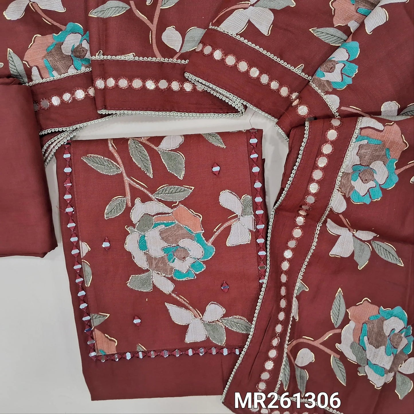 Dark maroon silk cotton unstitched salwar material, floral design yoke with zari and real mirror work (lining needed)spun cotton bottom,floral printed soft silk cotton dupatta with foil work borders. MR261306