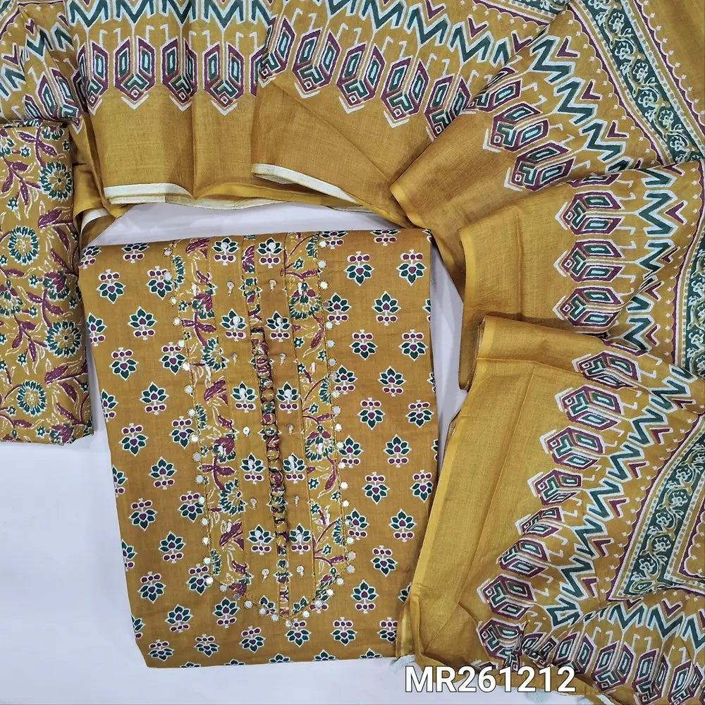 Mehandhi yellow printed soft cotton unstitched salwar material,potli buttons and faux mirror on yoke,(lining optional)printed cotton bottom, printed mul cotton dupatta with pompom taping. MR261212