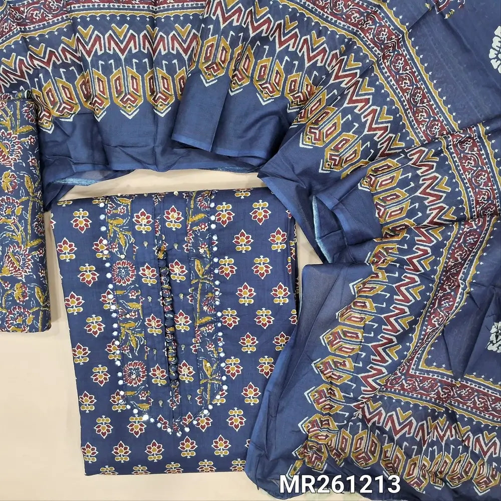 Dark blue  printed soft cotton unstitched salwar material,potli buttons and faux mirror on yoke,(lining optional)printed cotton bottom, printed mul cotton dupatta with pompom taping. MR261213