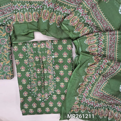 Dark green printed soft cotton unstitched salwar material,potli buttons and faux mirror on yoke,(lining optional)printed cotton bottom, printed mul cotton dupatta with pompom taping. MR261211