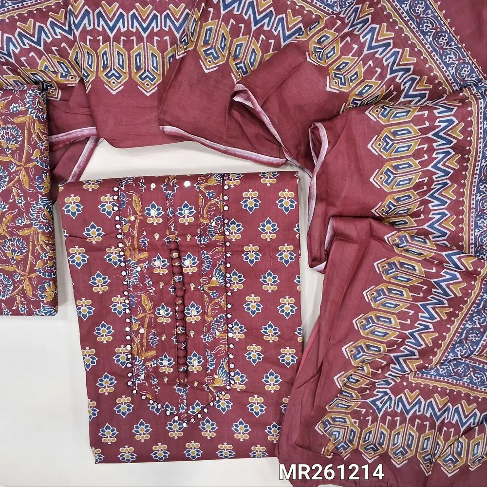 Dark maroon printed soft cotton unstitched salwar material,potli buttons and faux mirror on yoke,(lining optional)printed cotton bottom, printed mul cotton dupatta with pompom taping. MR261214