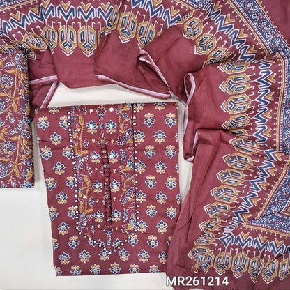 Dark maroon printed soft cotton unstitched salwar material,potli buttons and faux mirror on yoke,(lining optional)printed cotton bottom, printed mul cotton dupatta with pompom taping. MR261214
