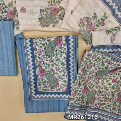 Pastel blue fancy silk cotton unstitched salwar material,digital printed yoke, printed all over,(lining needed)silk cotton bottom, digital printed silk cotton dupatta with pallu. MR261216