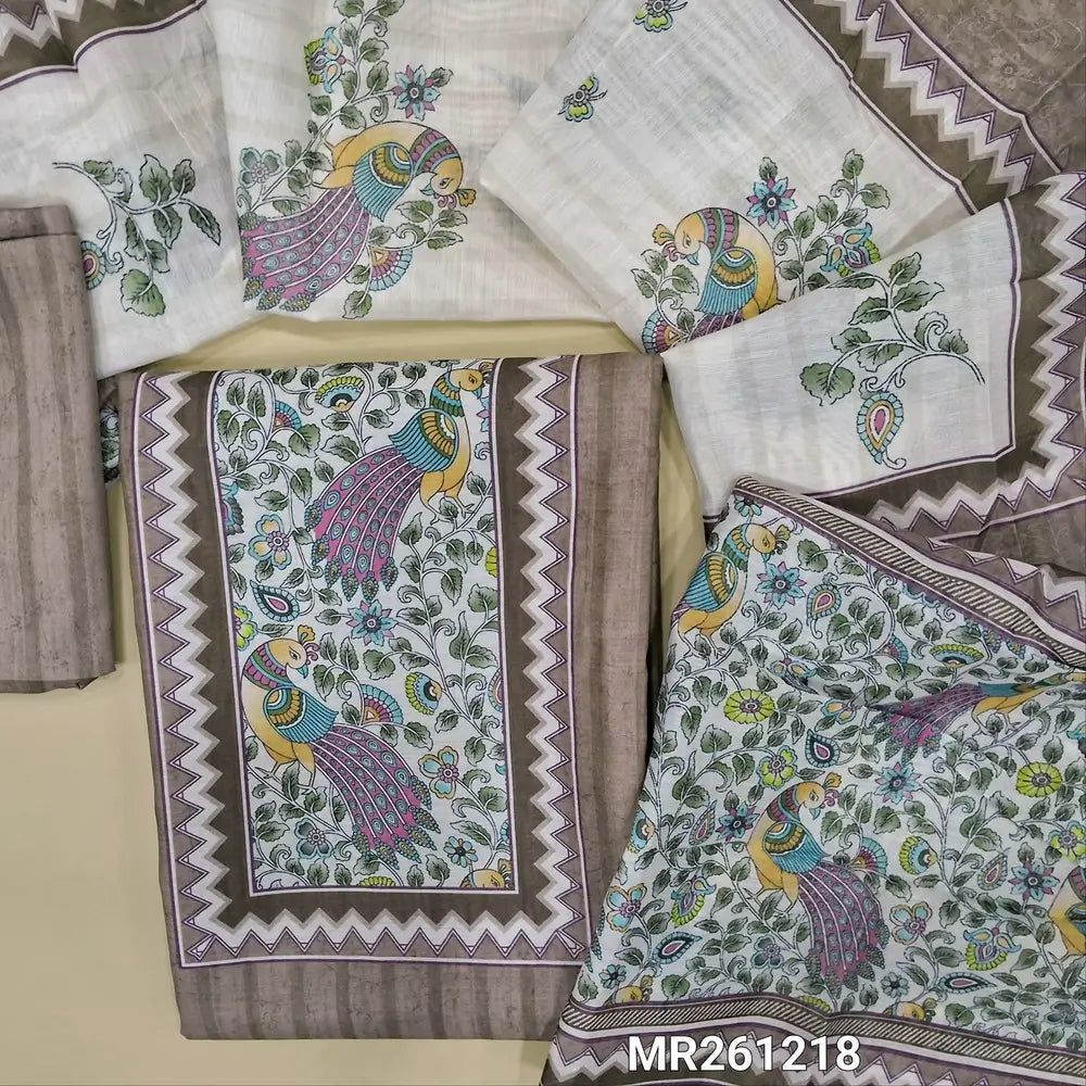 Light chocolate brown fancy silk cotton unstitched salwar material,digital printed yoke, printed all over,(lining needed)silk cotton bottom, digital printed silk cotton dupatta with pallu. MR261218