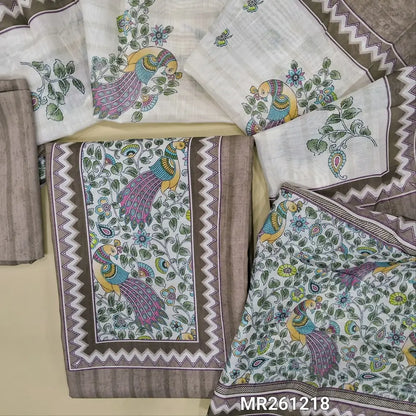 Light chocolate brown fancy silk cotton unstitched salwar material,digital printed yoke, printed all over,(lining needed)silk cotton bottom, digital printed silk cotton dupatta with pallu. MR261218