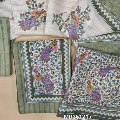 Sage green fancy silk cotton unstitched salwar material,digital printed yoke, printed all over,(lining needed)silk cotton bottom, digital printed silk cotton dupatta with pallu. MR261217