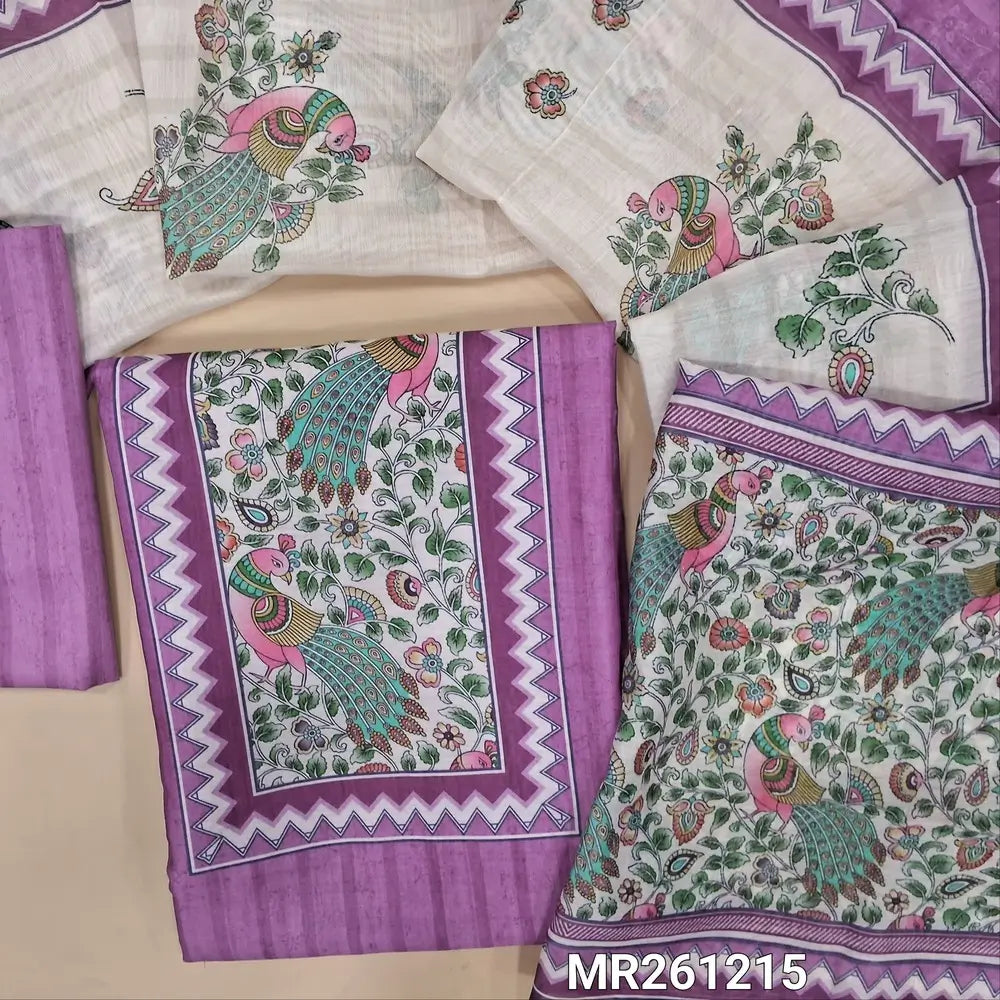 Light purple fancy silk cotton unstitched salwar material,digital printed yoke, printed all over,(lining needed)silk cotton bottom, digital printed silk cotton dupatta with pallu. MR261215