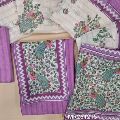 Light purple fancy silk cotton unstitched salwar material,digital printed yoke, printed all over,(lining needed)silk cotton bottom, digital printed silk cotton dupatta with pallu. MR261215