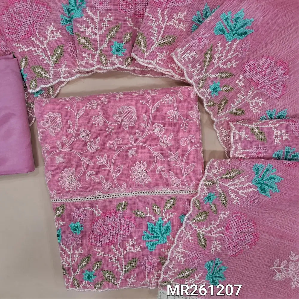 Pastel pink fancy kota silk cotton unstitched salwar material, embroidery on front, lace work and cross stitch embriodery on daman, (lining needed) silky bottom, embroidery work kota silk cotton dupatta with cross stitch with scallop borders. MR261207