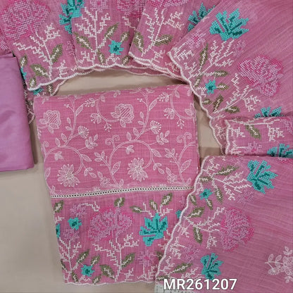 Pastel pink fancy kota silk cotton unstitched salwar material, embroidery on front, lace work and cross stitch embriodery on daman, (lining needed) silky bottom, embroidery work kota silk cotton dupatta with cross stitch with scallop borders. MR261207