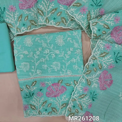 Pastel blue fancy kota silk cotton unstitched salwar material, embroidery on front, lace work and cross stitch embriodery on daman, (lining needed) silky bottom, embroidery work kota silk cotton dupatta with cross stitch with scallop borders. MR261208