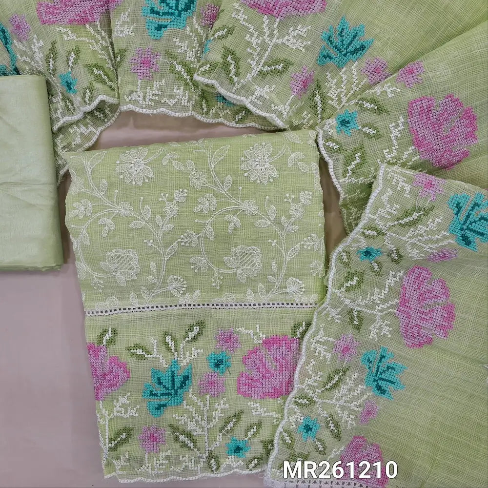 Pastel green fancy kota silk cotton unstitched salwar material, embroidery on front, lace work and cross stitch embriodery on daman, (lining needed) silky bottom, embroidery work kota silk cotton dupatta with cross stitch with scallop borders. MR261210