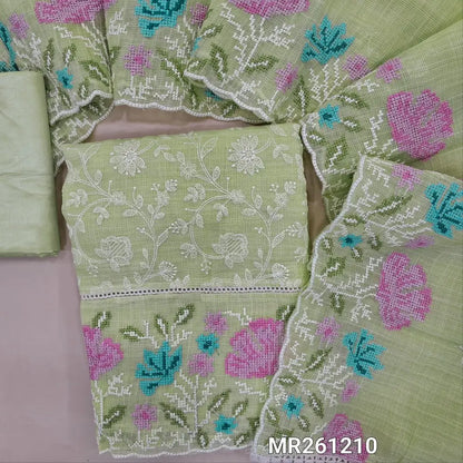 Pastel green fancy kota silk cotton unstitched salwar material, embroidery on front, lace work and cross stitch embriodery on daman, (lining needed) silky bottom, embroidery work kota silk cotton dupatta with cross stitch with scallop borders. MR261210