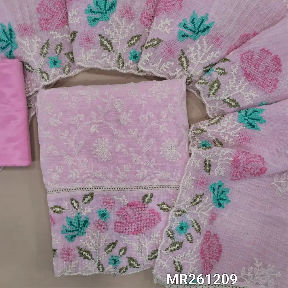 Baby pink fancy kota silk cotton unstitched salwar material, embroidery on front, lace work and cross stitch embriodery on daman, (lining needed) silky bottom, embroidery work kota silk cotton dupatta with cross stitch with scallop borders. MR261209