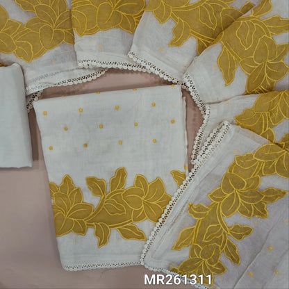 Half white base chanderi silk cotton unstitched salwar material, thread embroidery on front,pastel yellow applique work on daman,(lining needed)silk cotton dupatta,embroidery and applique work on chanderi silk cotton dupatta with lace tapping. MR261311