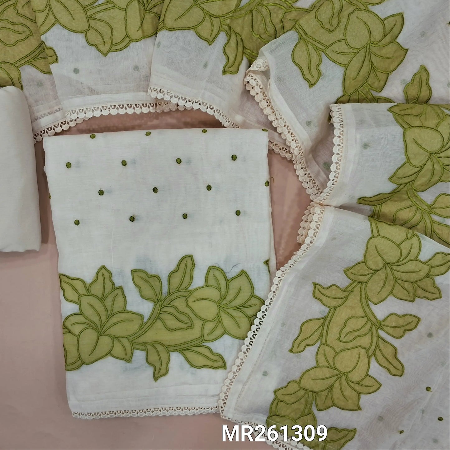 Half white base chanderi silk cotton unstitched salwar material, thread embroidery on front,pastel green applique work on daman,(lining needed)silk cotton dupatta,embroidery and applique work on chanderi silk cotton dupatta with lace tapping. MR261309