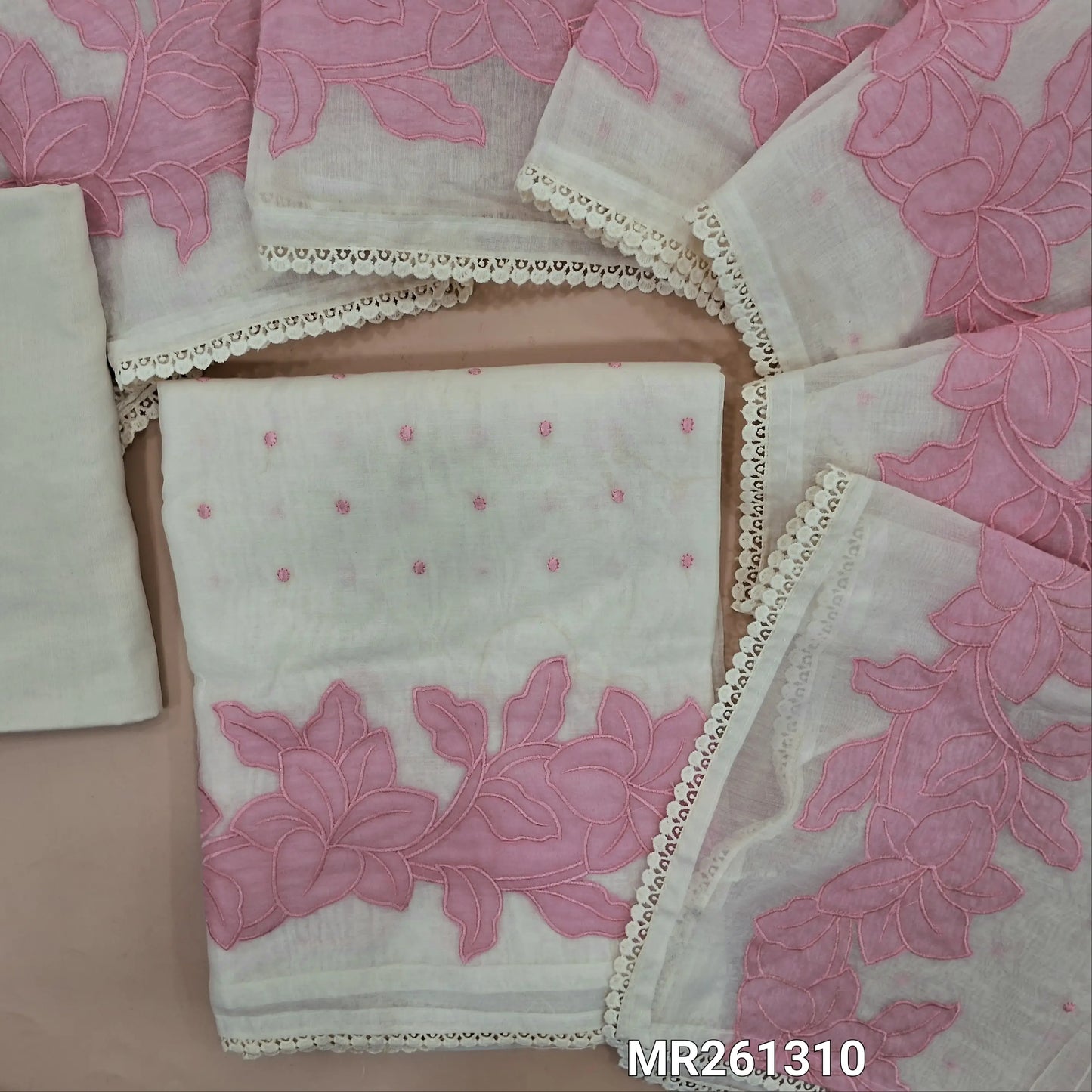 Half white base chanderi silk cotton unstitched salwar material, thread embroidery on front,pastel pink applique work on daman,(lining needed)silk cotton dupatta,embroidery and applique work on chanderi silk cotton dupatta with lace tapping. MR261310