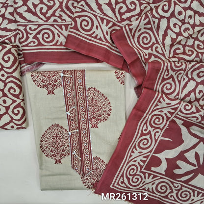 Light beige base printed pure soft cotton unstitched salwar material,cut bead and faux mirror on yoke(lining optional)printed cotton bottom, printed mul cotton dupatta. MR261312