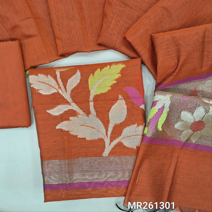 Rust orange premium silk cotton unstitched salwar material ( soft,lining needed) rich thread zari weaving daman, matching silk cotton bottom,silk cotton dupatta with tissue and weaving pallu. MR261301