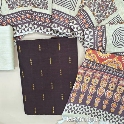 Dark brown slub silk cotton unstitched salwar material, gold zari buttas all over (lining needed)half white silk cotton bottom,block printed jute cotton dupatta with printed pallu. MR261303