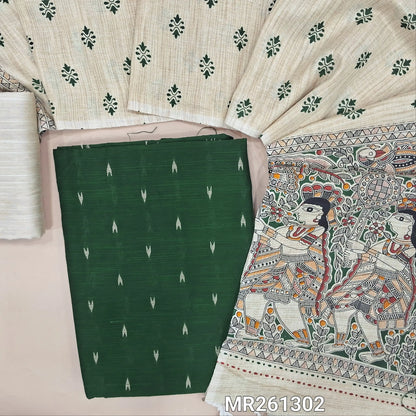 Green slub silk cotton unstitched salwar material, thread buttas all over (lining needed)half white silk cotton bottom,block printed jute cotton dupatta with madhubani  printed pallu. MR261302