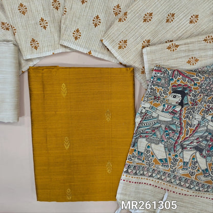Mehandhi yellow slub silk cotton unstitched salwar material, gold zari buttas all over (lining needed)half white silk cotton bottom,block printed jute cotton dupatta with madhubani printed pallu. MR261305