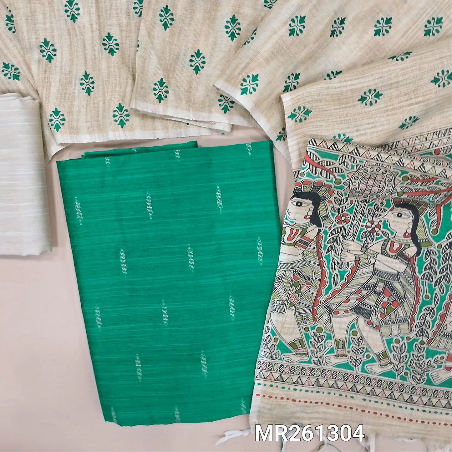 Turquoise blue slub silk cotton unstitched salwar material, thread buttas all over (lining needed)half white silk cotton bottom,block printed jute cotton dupatta with madhubani printed pallu. MR261304