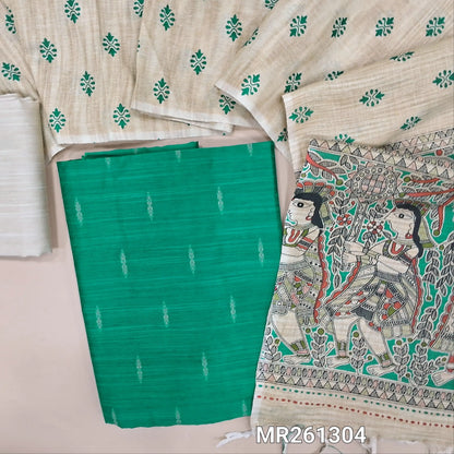 Turquoise blue slub silk cotton unstitched salwar material, thread buttas all over (lining needed)half white silk cotton bottom,block printed jute cotton dupatta with madhubani printed pallu. MR261304