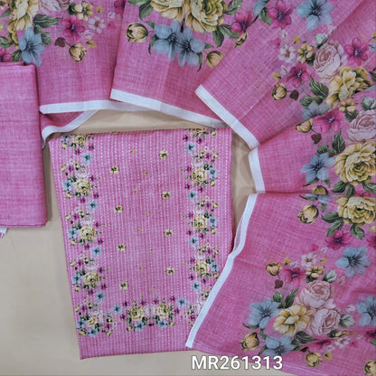 Pastel pink soft spun cotton unstitched salwar material, floral printed yoke, kantha stitch allover (lining optional) spun cotton bottom, floral printed semi linen dupatta. MR261313