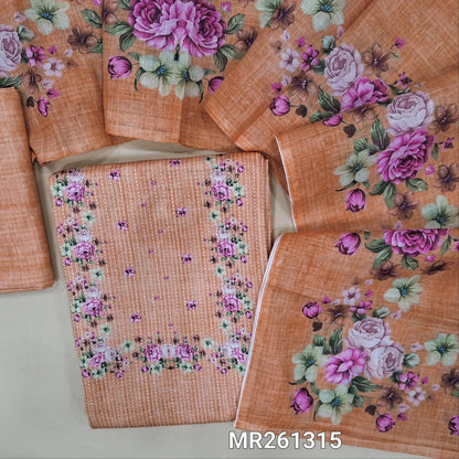 Pastel peach soft spun cotton unstitched salwar material, floral printed yoke, kantha stitch allover (lining optional) spun cotton bottom, floral printed semi linen dupatta. MR261315