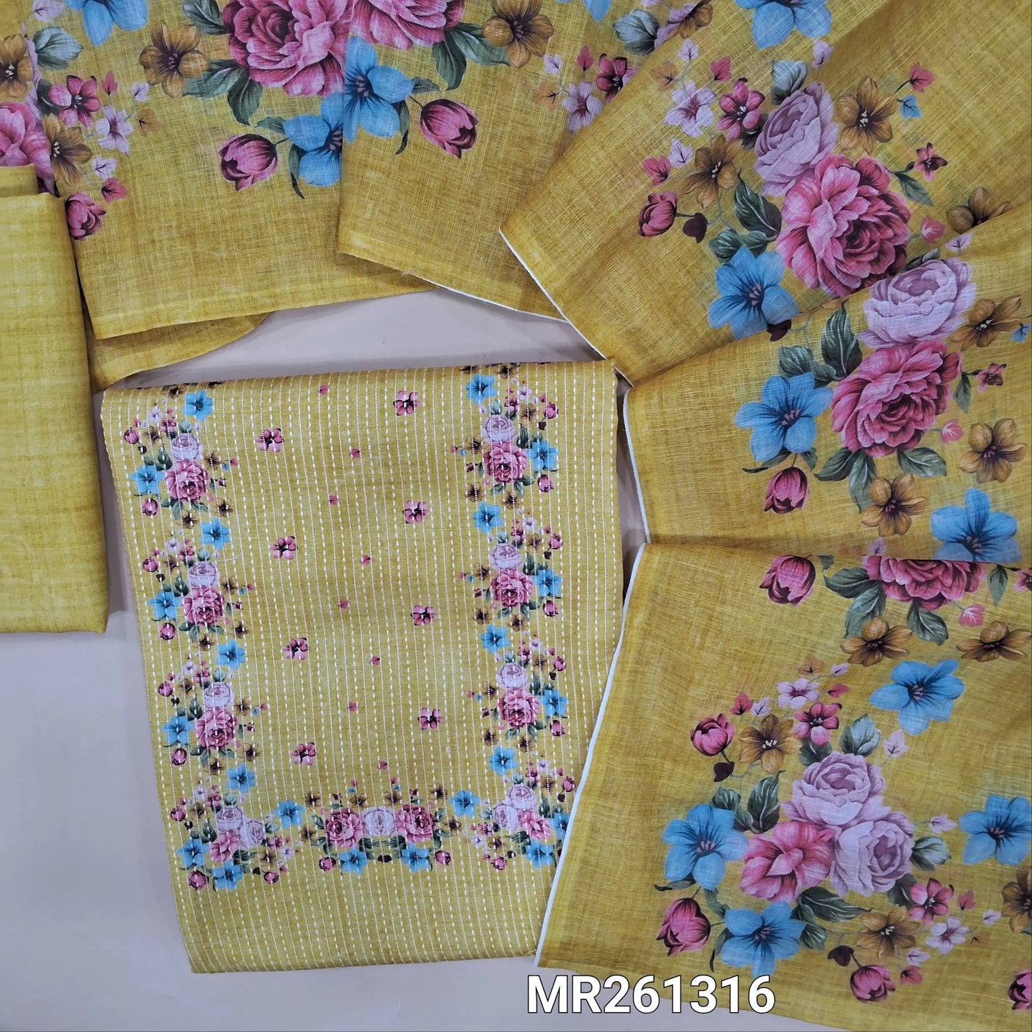 Pastel yellow soft spun cotton unstitched salwar material, floral printed yoke, kantha stitch allover (lining optional) spun cotton bottom, floral printed semi linen dupatta. MR261316
