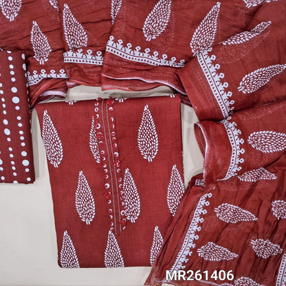 Reddish maroon pure soft cotton unstitched salwar material(thin,lining optional) french knot work on yoke,printed all over, printed cotton bottom, printed crinkled pure soft cotton dupatta. MR261406